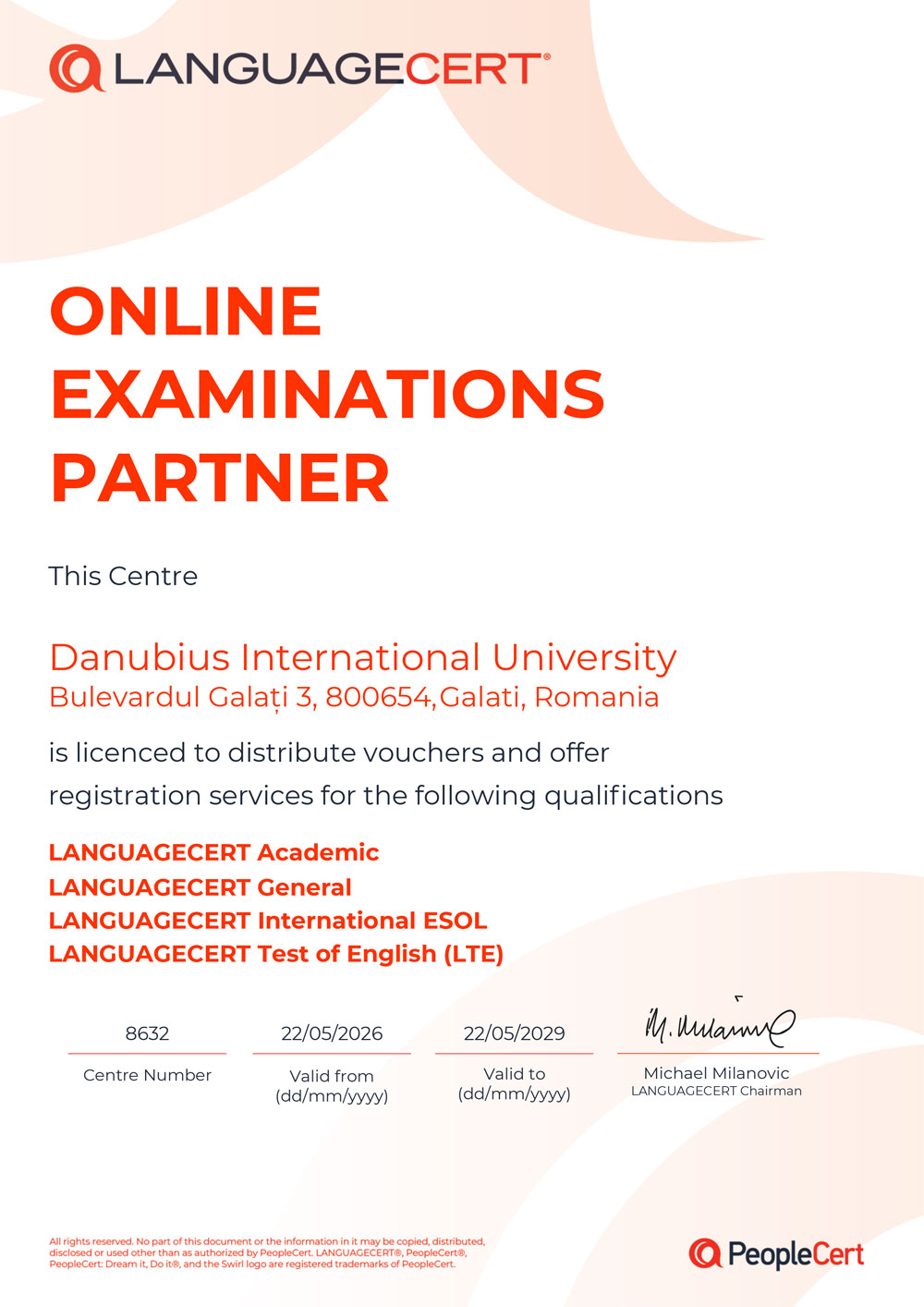 Universitatea Internațională Danubius – Centru Partener de Examinare Online LanguageCert pentru certificări lingvistice internaționale